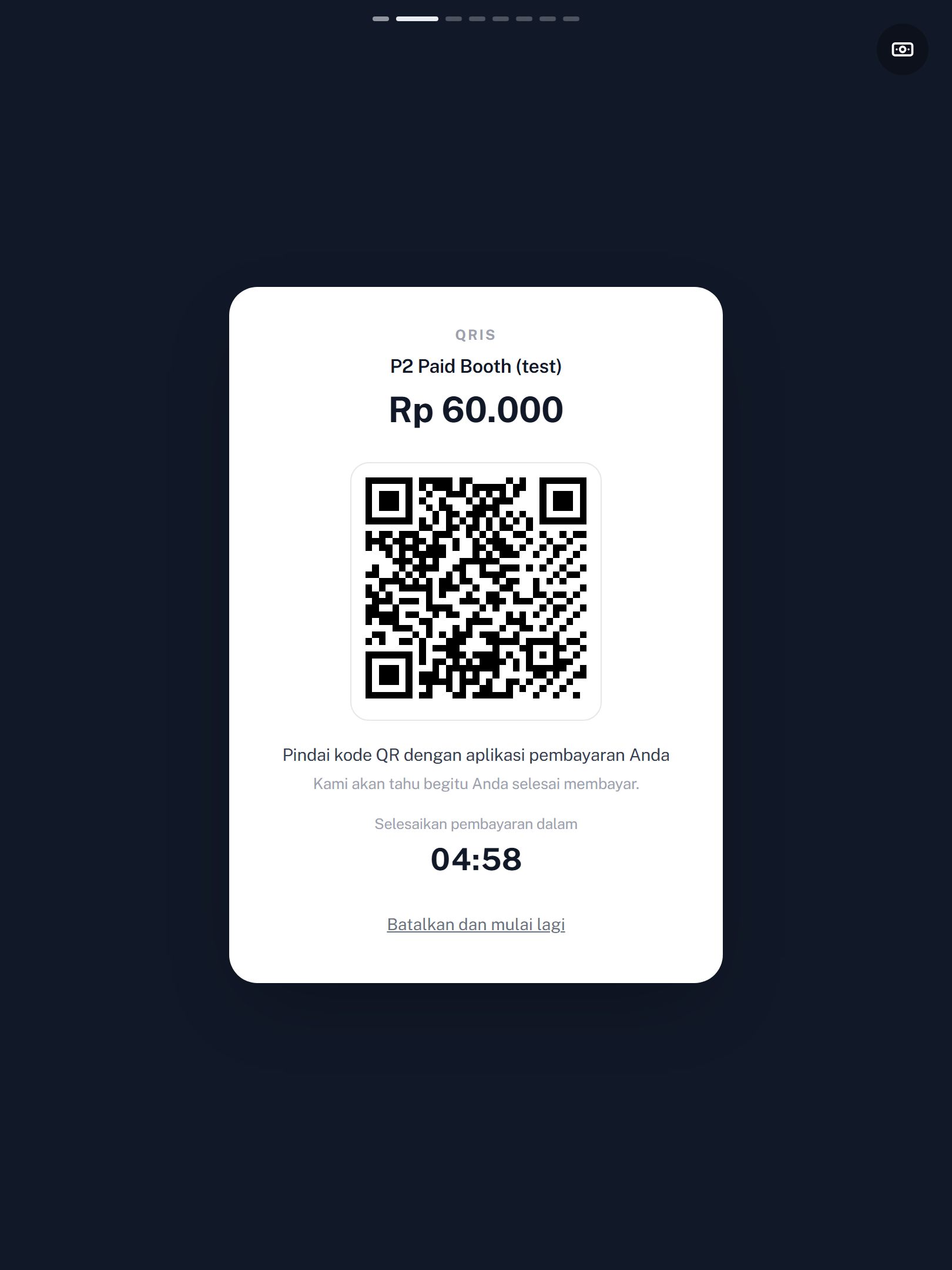 Pay: QRIS with a countdown. The booth notices the moment it is paid.