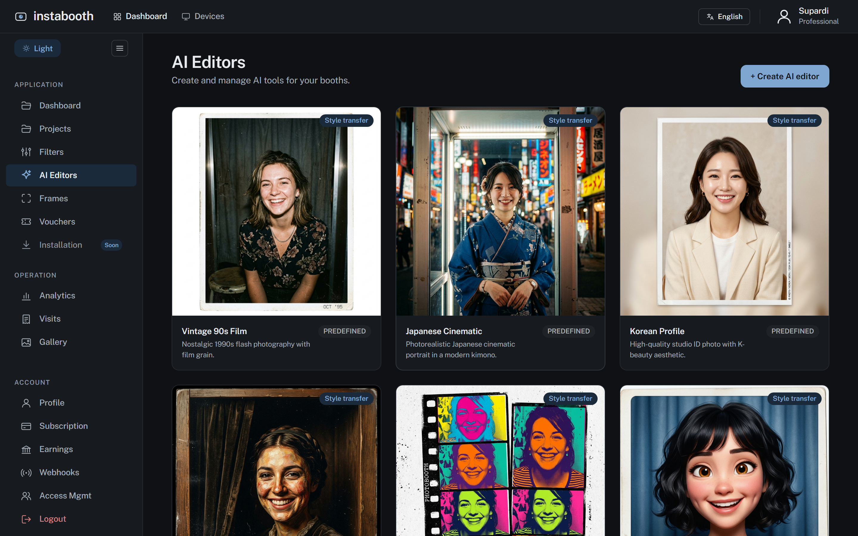 The AI editors page in the dark theme.