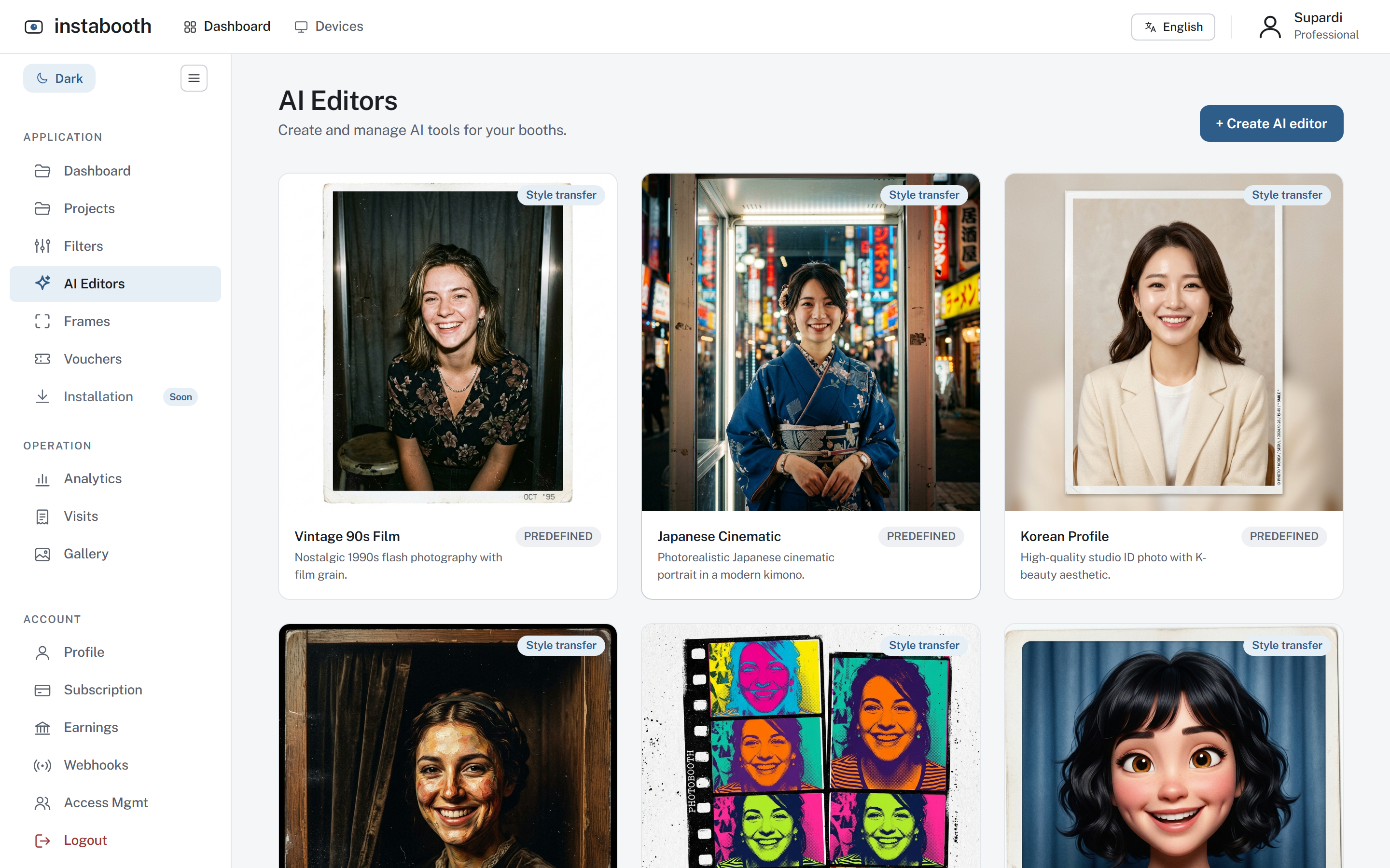 The AI editors page in the studio: Vintage 90s Film, Japanese Cinematic, Korean Profile and more, each a style a guest can pick.
