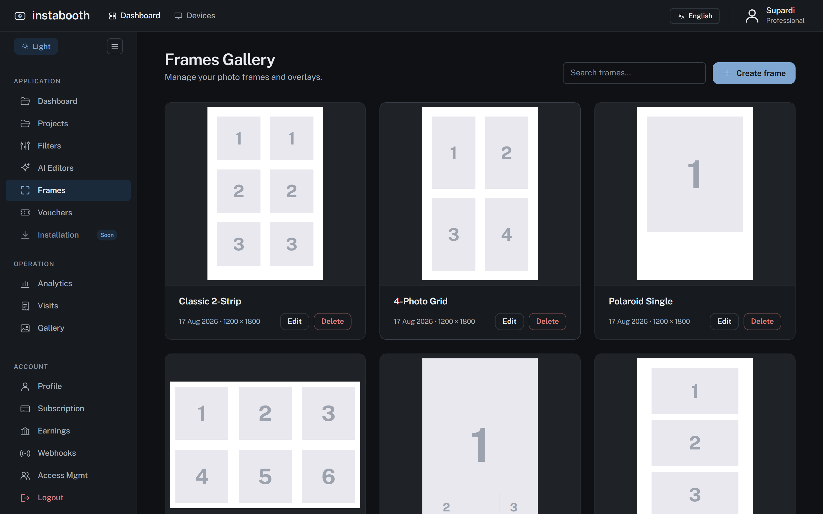 Frames: strips, grids and singles, sized for paper.