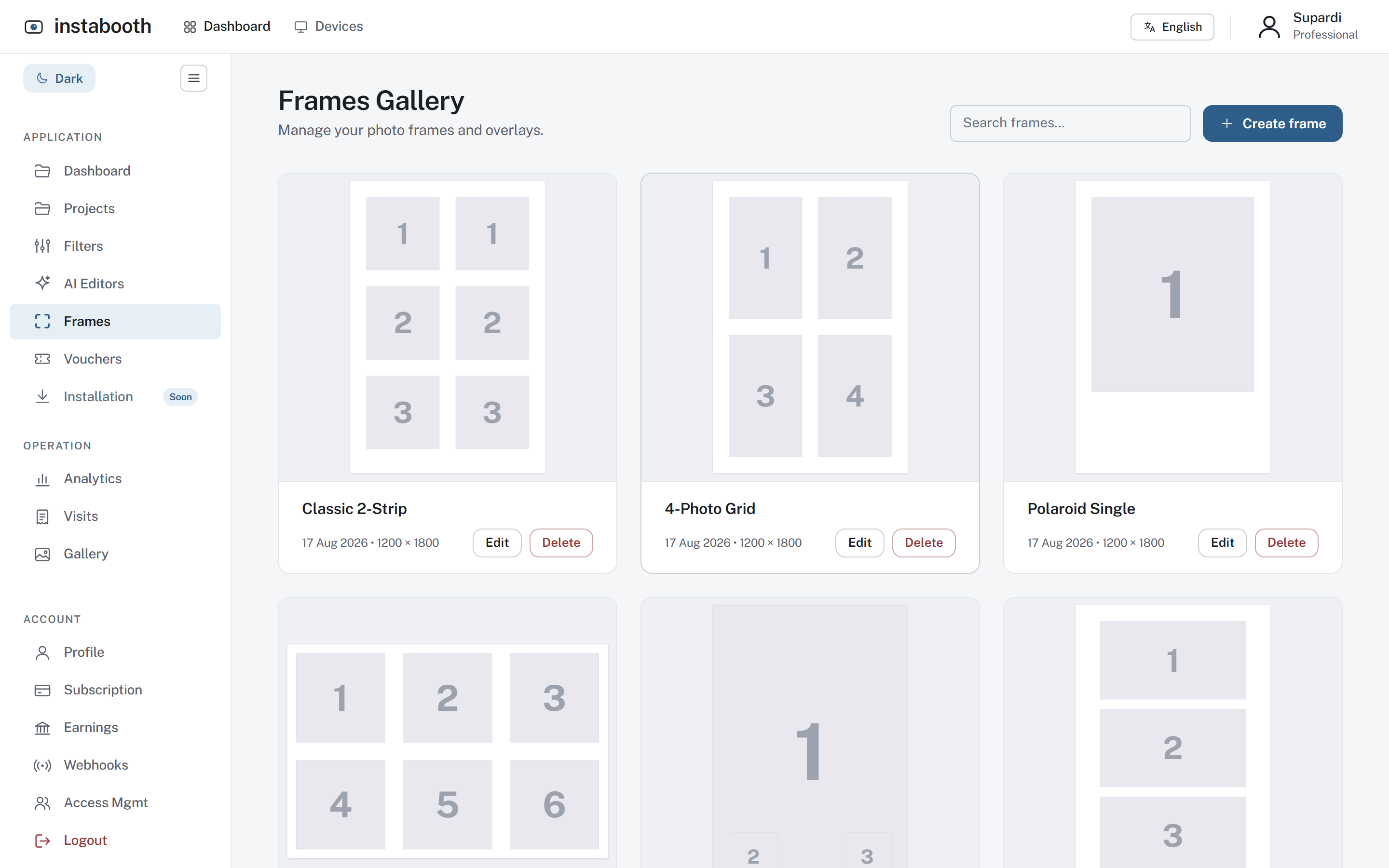 Frames: strips, grids and singles, sized for paper.